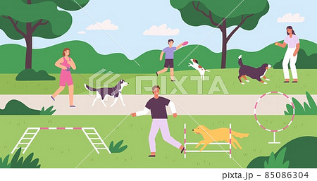 Dog park with people playing, training and walking pets. Flat owners and dogs outside activity. Domestic animals playground vector concept 85086304