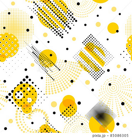 Circle memphis abstract pattern. Geometric perforation circles, minimalism style print. Rounded repeated art, black yellow elements recent vector seamless texture 85086305
