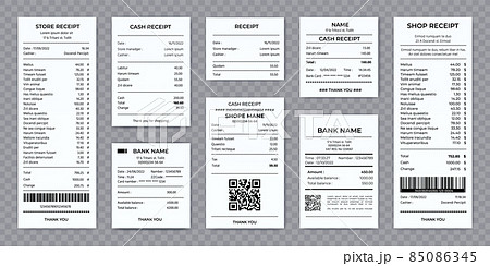 Realistic store, restaurant or bank paper cash receipt. Supermarket shopping checks. Pos machine printed shop payment bill mockup vector set 85086345