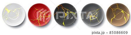 Realistic cracked plates with luxury kintsugi golden design. Japanese broken effect, marble texture. Plate with gold mosaic crack vector set Realistic cracked plates with luxury kintsugi golden design. Japanese broken effect, marble texture. Plate with gold mosaic crack vector set 85086609
