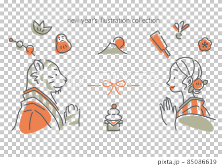 お正月の素材イラストセット　寅年　年賀　シンプルでお洒落な線画イラスト素材 85086619