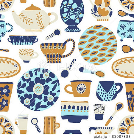 Trendy seamless pattern tableware. Ceramic cookware, rustic decorative pottery, crafted spoon, dishes and cups, kitchen crockery elements. Decor textile, wrapping paper wallpaper, vector print Trendy seamless pattern tableware. Ceramic cookware, rustic decorative pottery, crafted spoon, dishes and cups, kitchen crockery elements. Decor textile, wrapping paper wallpaper, vector print 85087383