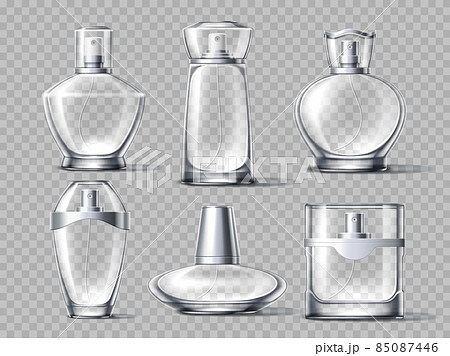 Realistic perfume bottles. Fashion packaging fragrances, 3d empty glass spraying vials with transparent and metal cap different forms, cosmetic mockup, vector isolated set 85087446