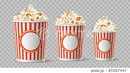 Realistic popcorn buckets. Round cardboard cups for cinema snacks different sizes, isolated on transparent background fast food containers, 3d corn flakes in striped packaging vector set 85087447
