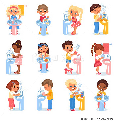 Kids washing hands. Happy children observe hygiene, boys and girl stand at sinks, soaped and disinfected hands, virus protection. Hygiene rules, vector cartoon flat isolated set Kids washing hands. Happy children observe hygiene, boys and girl stand at sinks, soaped and disinfected hands, virus protection. Hygiene rules, vector cartoon flat isolated set 85087449
