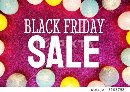 Black Friday Sale text and LED cotton Balls Decoration on pink Glitter background Black Friday Sale text and LED cotton Balls Decoration on pink Glitter background 85087924