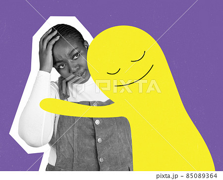 Teen, girl with personal problems standing with funny drawn cartoon little man, blot on bright background. Contemporary artwork 85089364