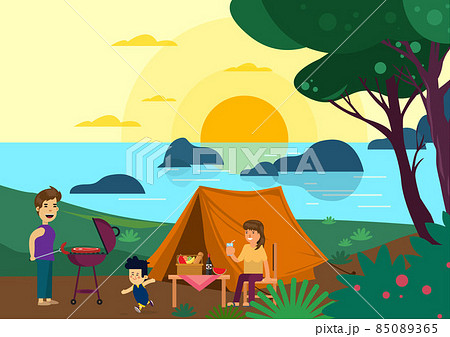 family month concept illustration Happy family enjoys camping in the forest. Father's Roast Beef. Mother drinks juice, son runs and plays. vector cartoon flat style illustration 85089365