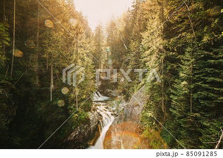 Tatra National Park, Poland. Waterfall Wodogrzmoty Mickiewicza In Summer Mountains Sunset Landscape. Sunlight Through Trees In Tatras. European Nature. UNESCO Tatra National Park, Poland. Waterfall Wodogrzmoty Mickiewicza In Summer Mountains Sunset Landscape. Sunlight Through Trees In Tatras. European Nature. UNESCO 85091285