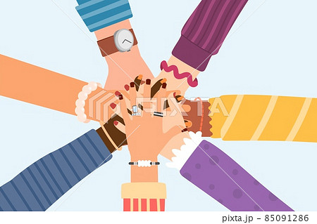 Hands friends together. Team friend, millennials relationship. Teenagers hand circle, fun friendship day. Community and support, cooperation decent vector metaphor 85091286