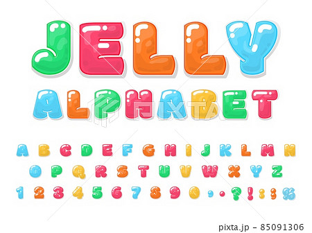 Jelly cartoon alphabet. Color letter 3d, kids tasty numbers. Delicious bubble gum text, fun candy typography elements childish decent vector collection 85091306