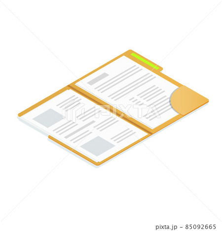 Opened folder with documents isometric flat illustration on white Opened folder with documents isometric flat illustration on white 85092665
