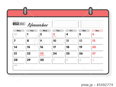 22年11月のカレンダー 月曜始まりのマンスリーカレンダー フリースペース To Doリストのイラスト素材