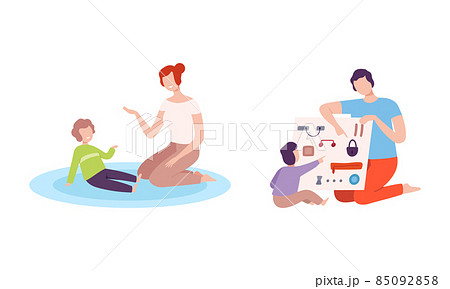 Young Dad and Mom with Kid Playing in Nursery Vector Set Young Dad and Mom with Kid Playing in Nursery Vector Set 85092858