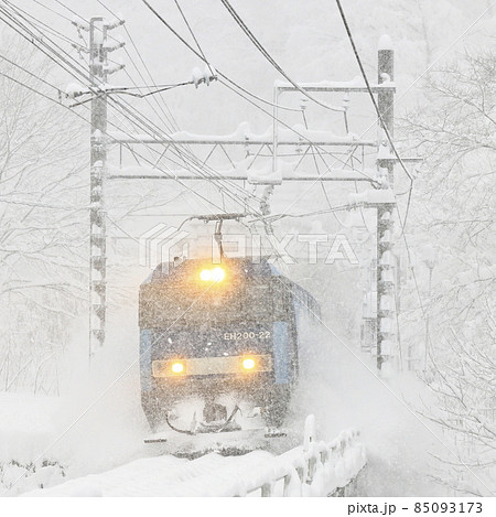 猛吹雪の上越線を走る貨物列車 猛吹雪の上越線を走る貨物列車 85093173