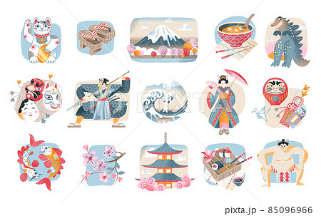Japanese culture, tradition symbol, character and landmark isolated set, travel to Japan Japanese culture, tradition symbol, character and landmark isolated set, travel to Japan 85096966
