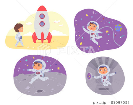 Kids astronaut, rocket and space adventure in universe set, spaceman in spacesuit costume 85097032