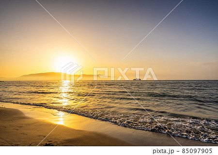 Sea landscape with clouds at sunset in Albania. Sea landscape with clouds at sunset in Albania. 85097905
