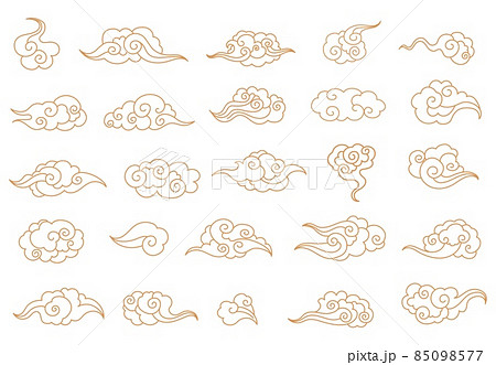 Cartoon chinese clouds. Asian style tattoo in shape cloud, oriental ornament elements korean japanese thai tibetan doodle cloudy sky traditional 85098577