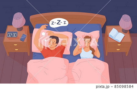 Insomnia couple. Snore apnea sleep trouble in bed, indifference tired husband, angry wife, home bedroom man woman person problem relationship 85098584