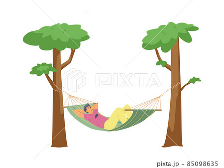 Happy and calm man relaxing in the hammock between trees, flat vector illustration isolated on white background. Happy and calm man relaxing in the hammock between trees, flat vector illustration isolated on white background. 85098635