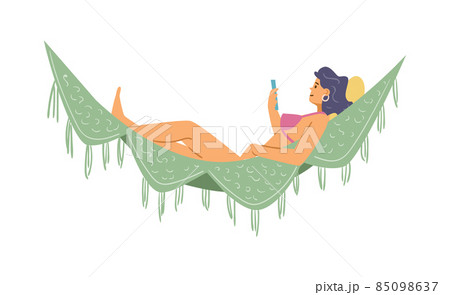 Woman swinging in hammock with smartphone, flat vector illustration isolated. Woman swinging in hammock with smartphone, flat vector illustration isolated. 85098637