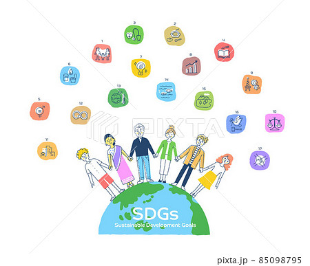 SDGs イメージ　地球とさまざまな人々と17の目標アイコン 85098795