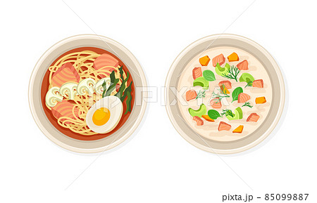 Top view of seafood dishes set. Delicious and fresh dishes served on plates with vector illustration Top view of seafood dishes set. Delicious and fresh dishes served on plates with vector illustration 85099887