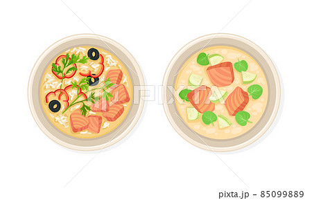 Top view of seafood dishes set. Soup with salmon slices, rice and vegetables served on plates vector illustration 85099889