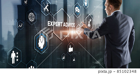 Expert advice. Businessman hand touching inscription on virtual screen Expert advice. Businessman hand touching inscription on virtual screen 85102348