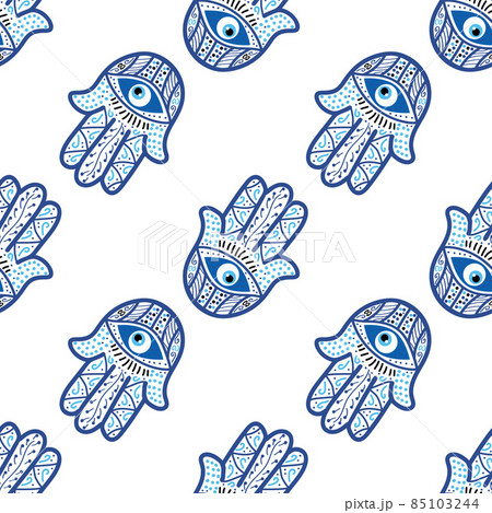 Hamsa eye, magical eye seamless pattern. Magic, witchcraft, occult symbol. Blue white golden eyes. Fabric textile wallpaper 85103244