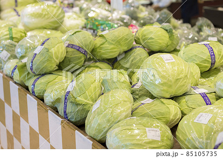 スーパーに並んだキャベツ 野菜売り場イメージ スーパーに並んだキャベツ 野菜売り場イメージ 85105735