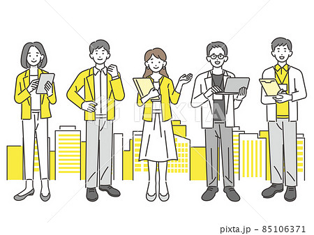 オフィスカジュアルで働く会社員とビルののベクターイラスト素材／ビジネス／ビジネスパーソン／人々 85106371