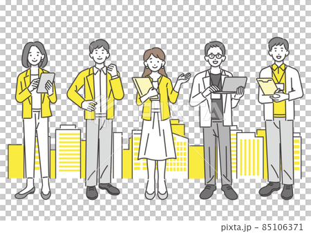 オフィスカジュアルで働く会社員とビルののベクターイラスト素材／ビジネス／ビジネスパーソン／人々 85106371