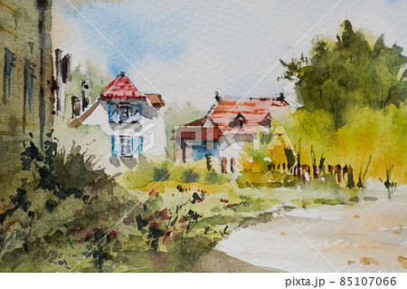 南フランスの小さな村 水彩画 風景画のイラスト素材 [85107066