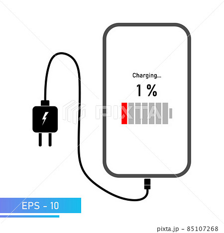 The smartphone is charged from the power supply. Indication of the charging process on the smartphone screen. Vector illustration. The smartphone is charged from the power supply. Indication of the charging process on the smartphone screen. Vector illustration. 85107268