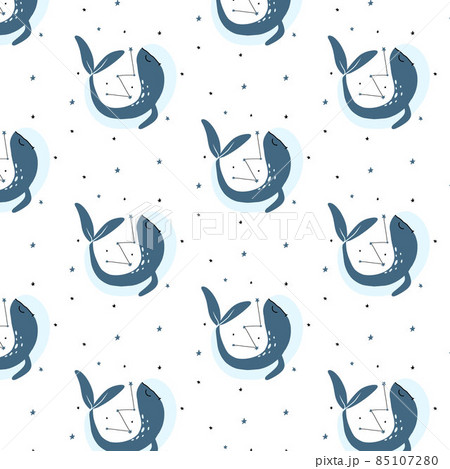 Vector seamless pattern with blue whale and constellation. Kids pattern with whale and stars. 85107280