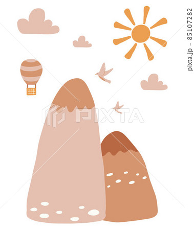 Vector illustration of a landscape with mountains.Poster with mountains and a balloon for the nursery. Boho style. Vector illustration of a landscape with mountains.Poster with mountains and a balloon for the nursery. Boho style. 85107282
