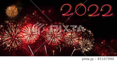 Firework celebrate anniversary happy new year 2022, 4th of july holiday festival. colorful firework in the night time to celebrate national holiday. countdown to new year 2022 party time event. 85107990