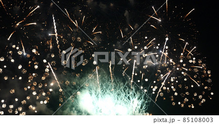 Green Firework celebrate anniversary happy new year 2022, 4th of july holiday festival. Green firework in night time celebrate national holiday. Countdown to new year 2022 festival party time event Green Firework celebrate anniversary happy new year 2022, 4th of july holiday festival. Green firework in night time celebrate national holiday. Countdown to new year 2022 festival party time event 85108003