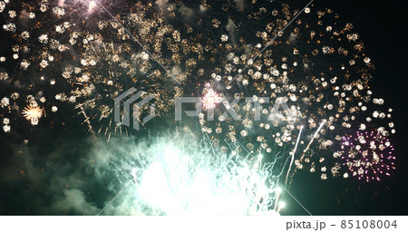 Green Firework celebrate anniversary happy new year 2022, 4th of july holiday festival. Green firework in night time celebrate national holiday. Countdown to new year 2022 festival party time event Green Firework celebrate anniversary happy new year 2022, 4th of july holiday festival. Green firework in night time celebrate national holiday. Countdown to new year 2022 festival party time event 85108004