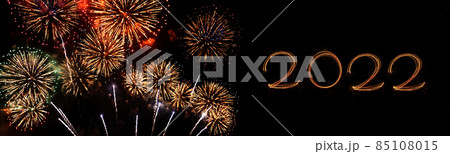 Banner Firework celebrate anniversary happy new year 2022, 4th of july holiday festival. colorful firework celebrate national holiday. Banner countdown new year 2022 party time event with copy space 85108015