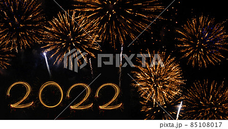 Firework celebrate anniversary happy new year 2022, 4th of july holiday festival. colorful firework in the night time to celebrate national holiday. countdown to new year 2022 party time event. 85108017
