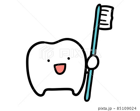 歯ブラシを持つ歯のキャラクターのかわいい手書き風イラストのイラスト素材