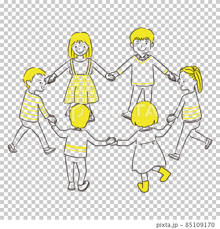 手描き1color　小学生　手をつないで円を描く 85109170