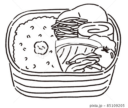 切り鮭と卵焼きとお惣菜の入った定番のわっぱ弁当のイラスト素材