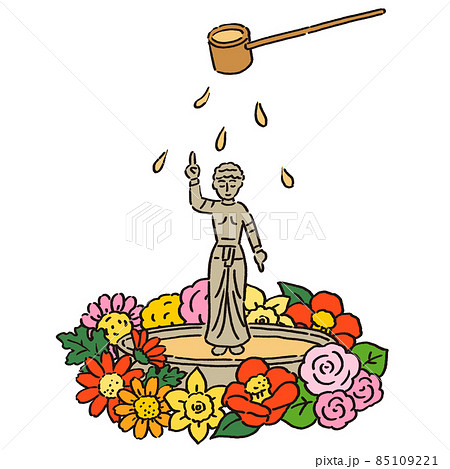花祭りのお花に囲まれたお釈迦様 甘茶をかけているイラストのイラスト素材
