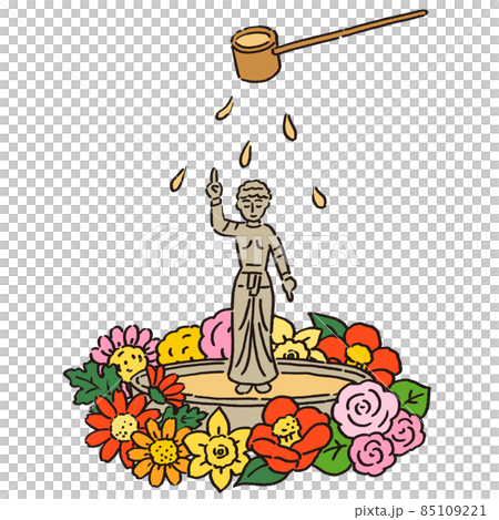 花祭りのお花に囲まれたお釈迦様　甘茶をかけているイラスト 85109221