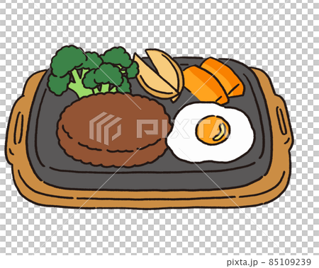 Plate with fried egg and hamburger, broccoli, french fries and carrot glasse Plate with fried egg and hamburger, broccoli, french fries and carrot glasse 85109239