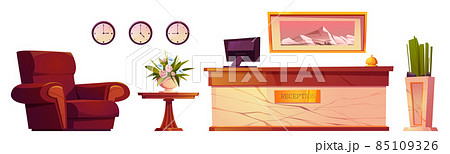 Hotel reception furniture and items isolated set 85109326